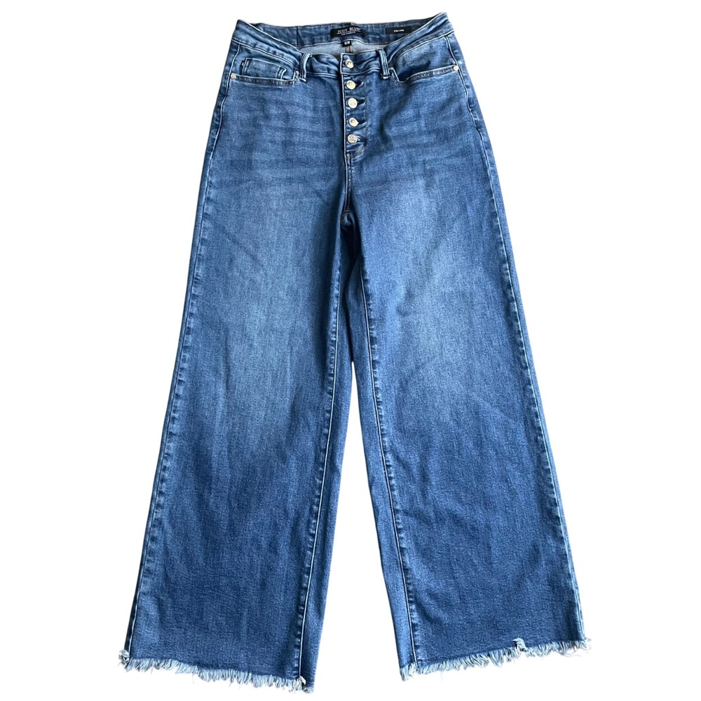 Judy Blue Column Jeans Women 16W Blue Wide Leg High Rise Button Fly Raw Hem Boho